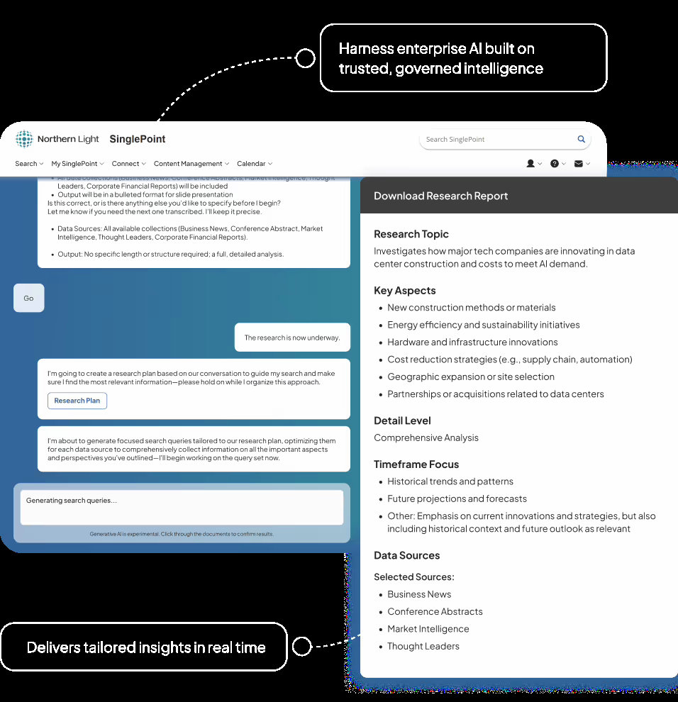 Northern Light SinglePoint — autonomous research agents delivering cited, decision-ready intelligence from across all three content layers